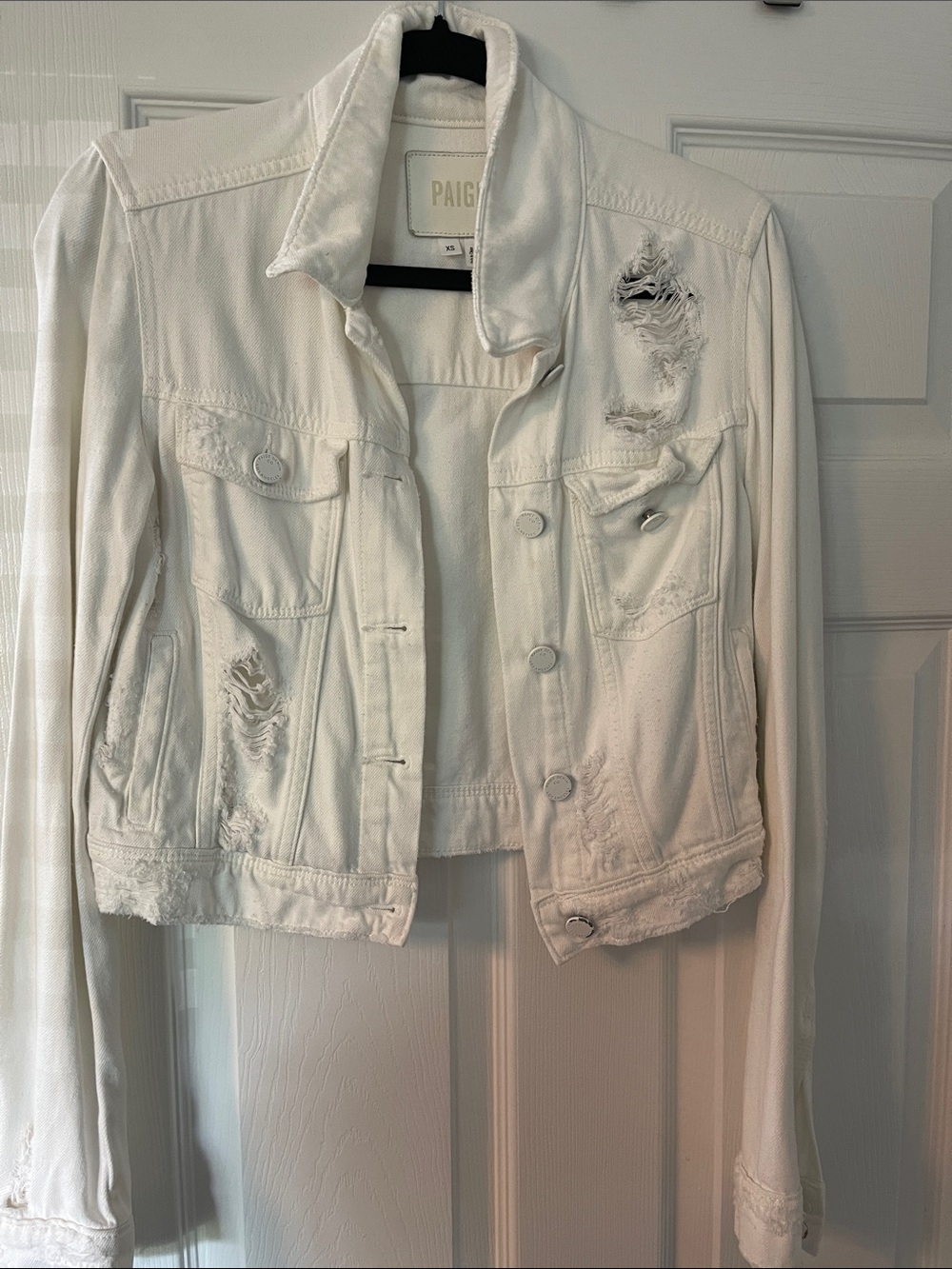 PAIGE White Distressed Cropped Denim Jacket